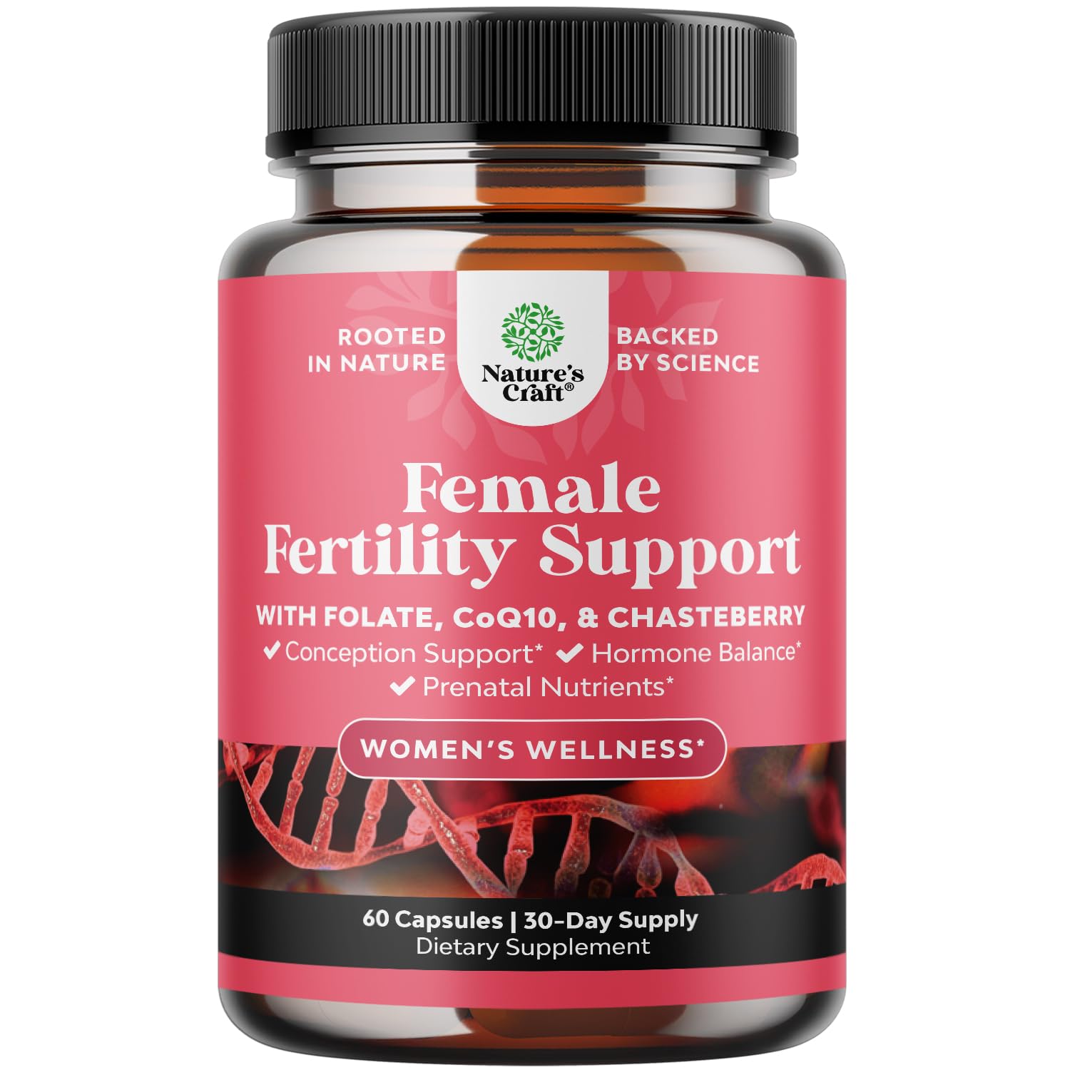 Bottle of fertility supplement for women with prenatal vitamins