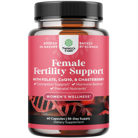 Bottle of fertility supplement for women with prenatal vitamins