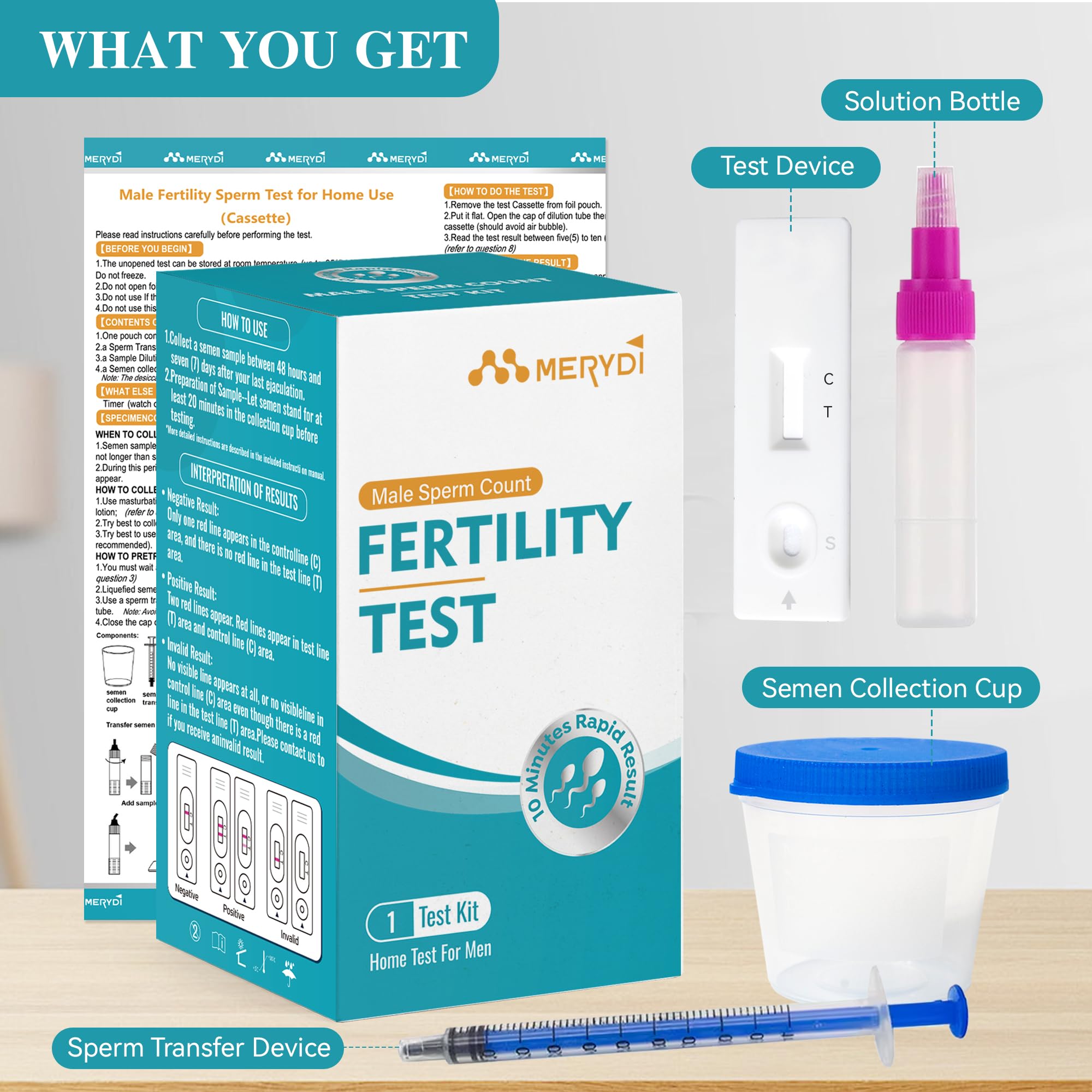Sperm count home test kit with semen collection tools