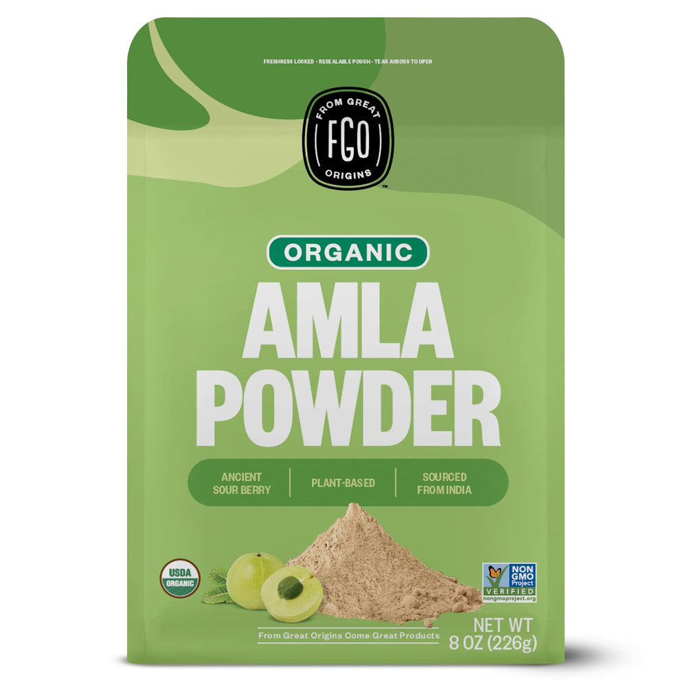 Front view of FGO Organic Amla Powder 8oz resealable bag
