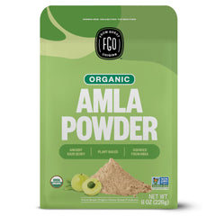 Front view of FGO Organic Amla Powder 8oz resealable bag