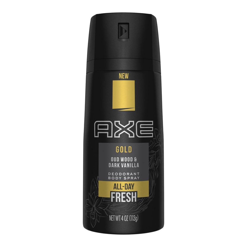 FIYY6VC Axe Gold Oud Wood and Dark Vanilla deodorant spray being applied for all day confidence