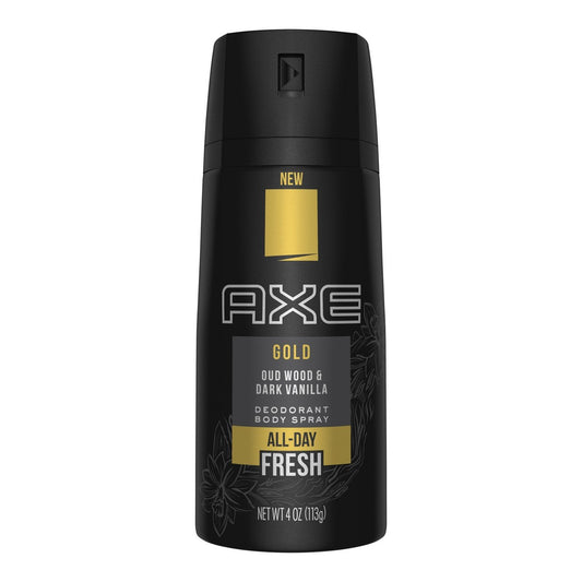 FIYY6VC Axe Gold Oud Wood and Dark Vanilla deodorant spray being applied for all day confidence