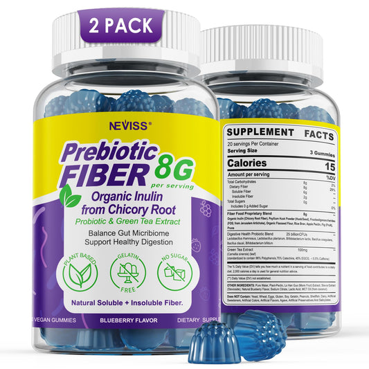 Front view of Neviss Fiber Gummies for Adults showing 8g daily fiber, probiotics, and green tea