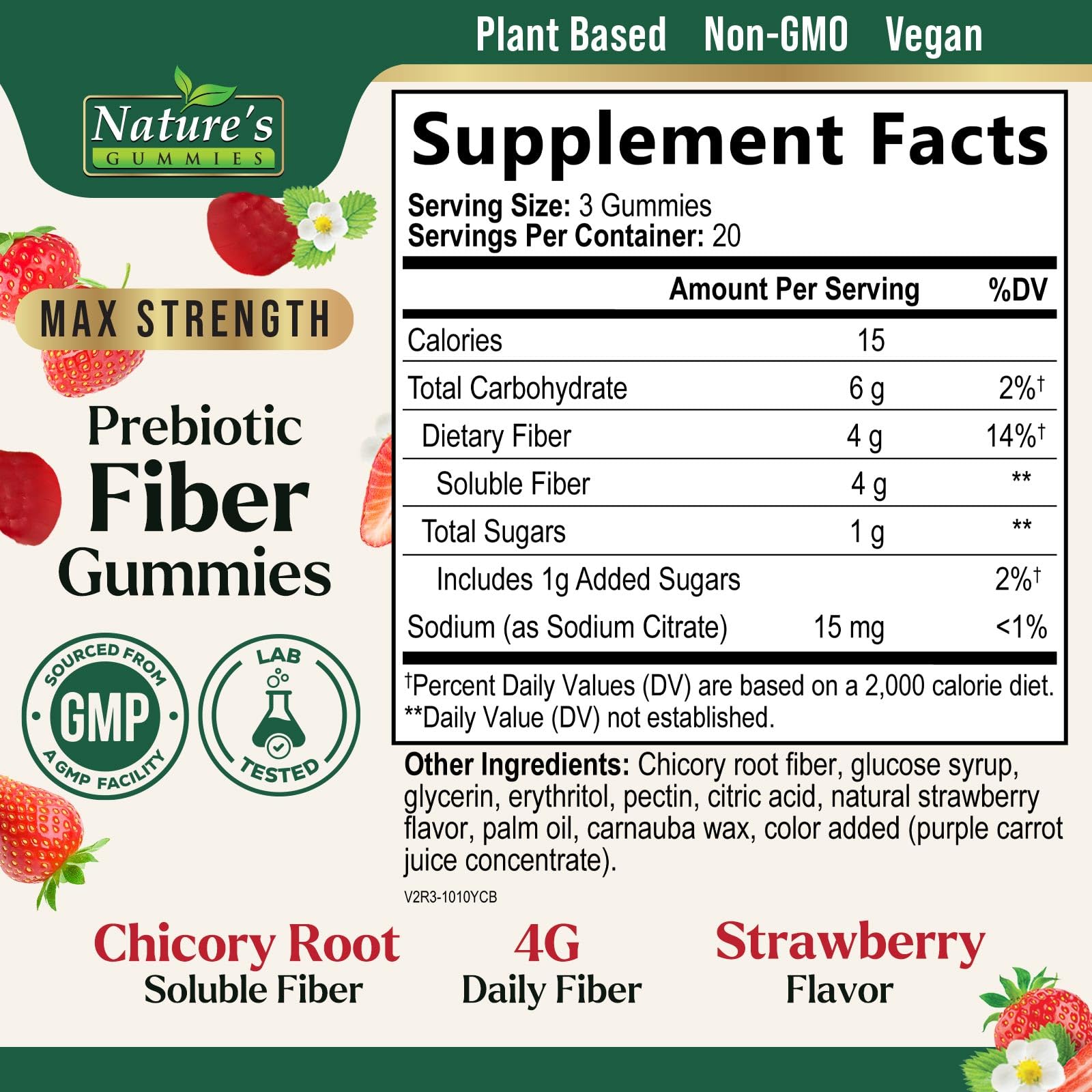 Plant-based prebiotic fiber gummies in a clear container