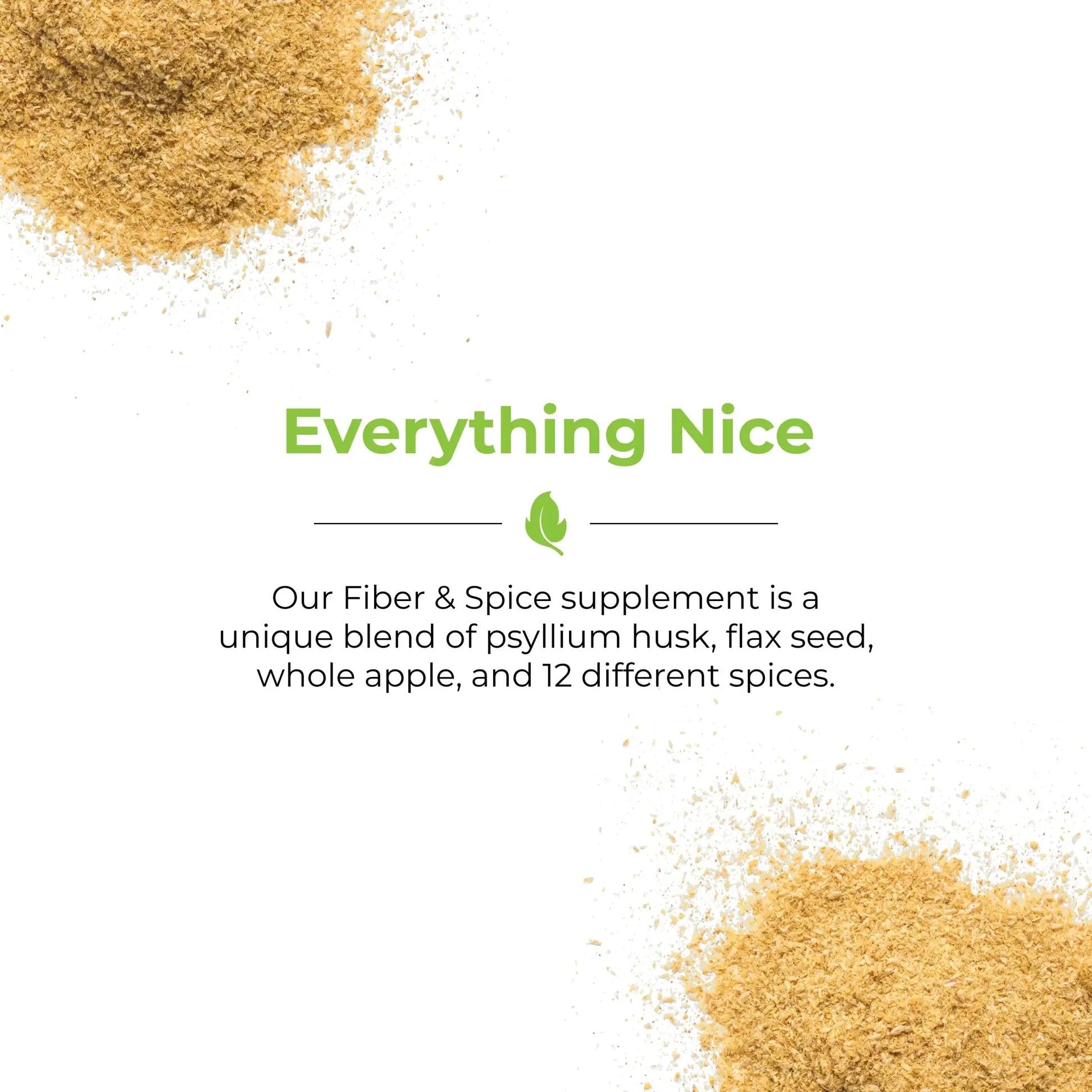Close-up of ingredients: psyllium husk, flax seed, whole apple and spices