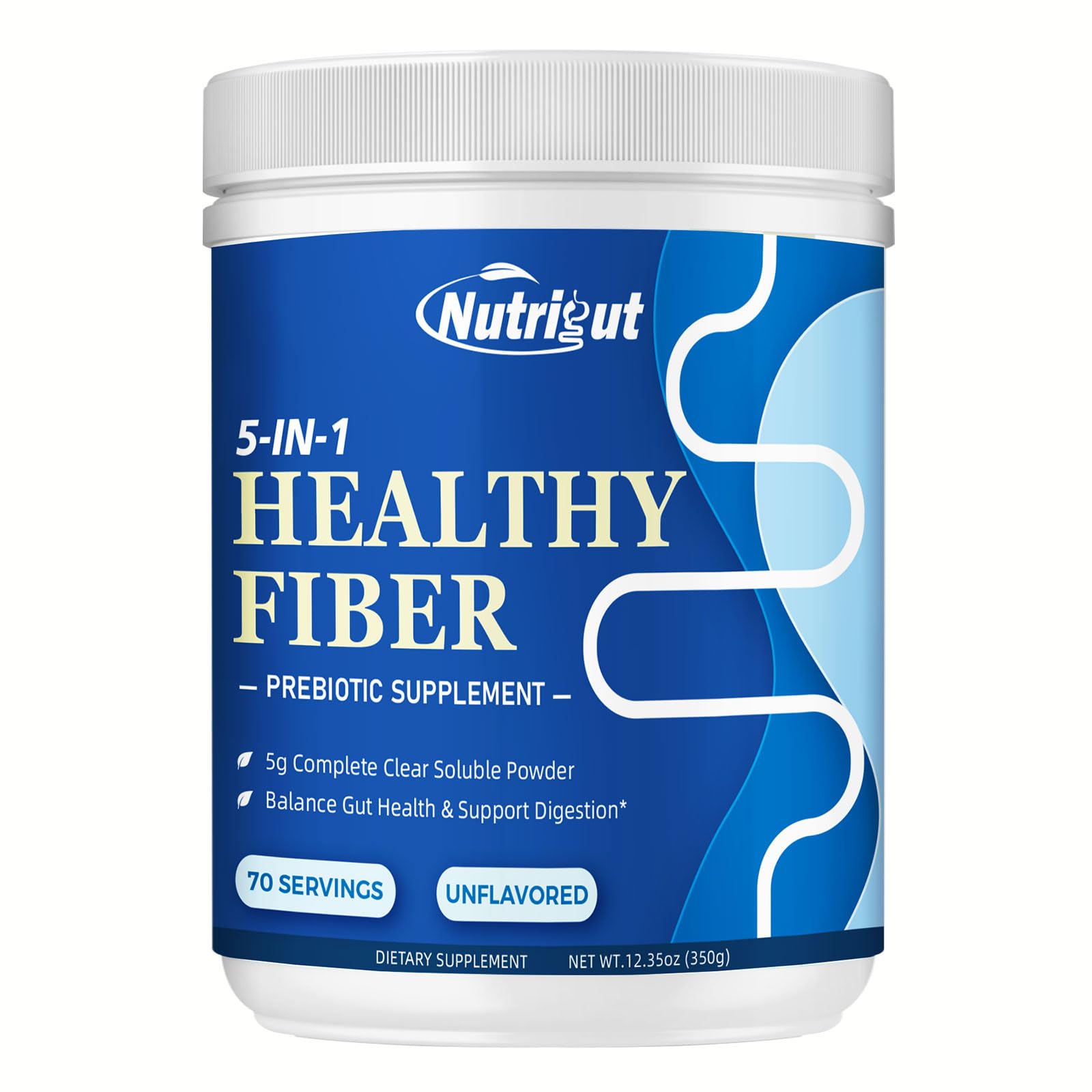 Front of Fiber Supplement bottle packaging highlighting prebiotic powder