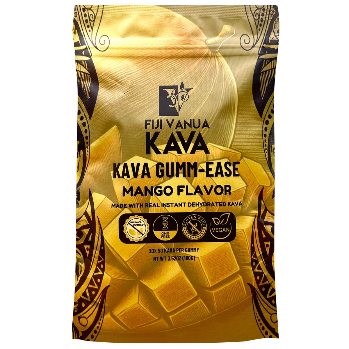 Front packaging of Fiji Vanua Kava GUMM-Ease Mango Gummies
