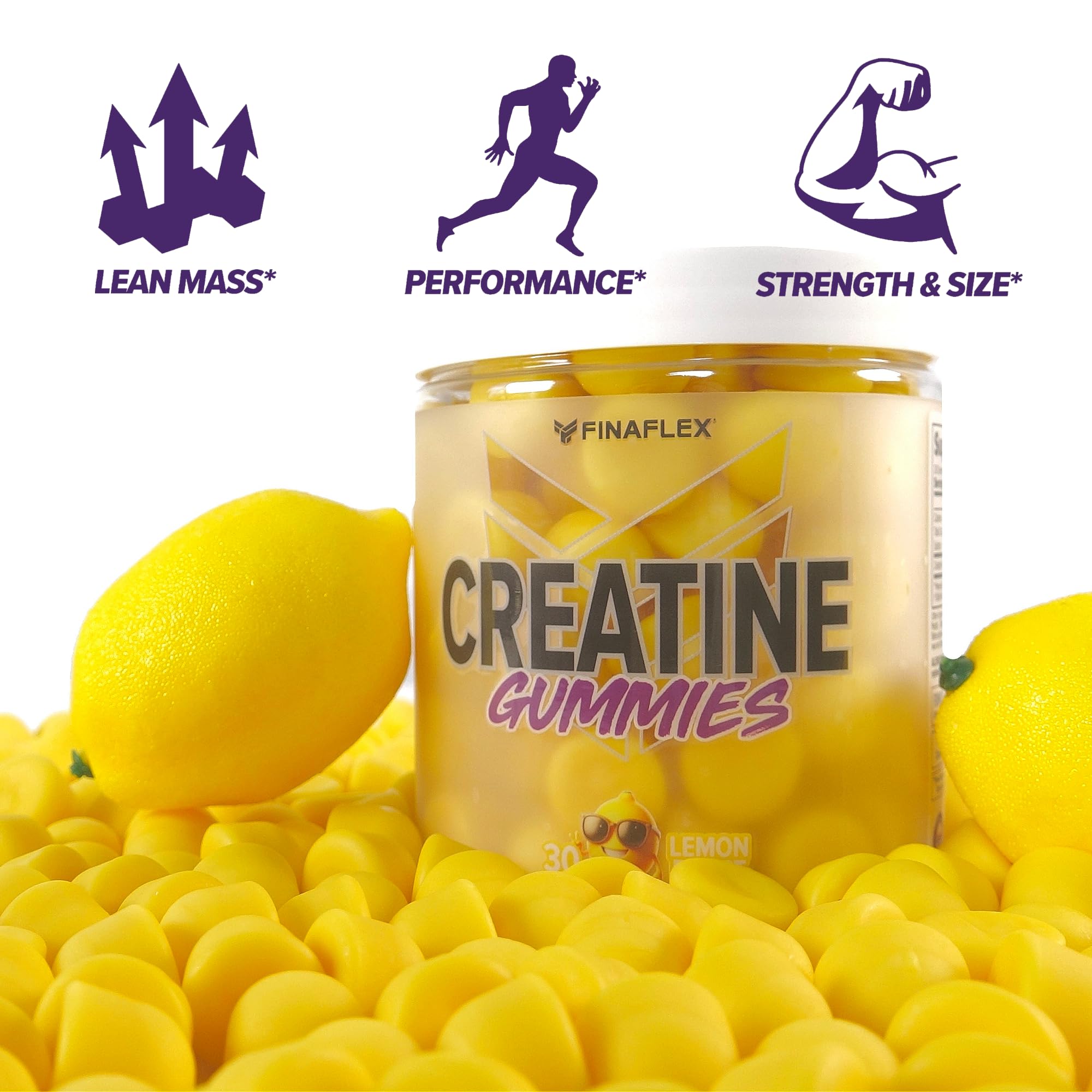 Close-up of gummies showing 5g Creatine Monohydrate per serving