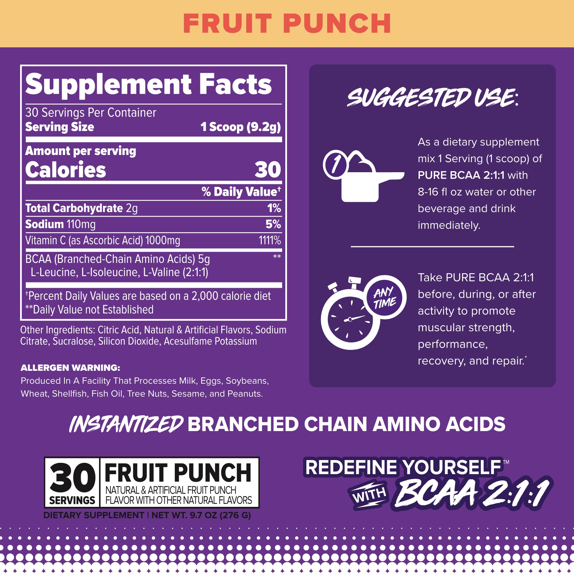 FINAFLEX Pure BCAA 2:1:1 Fruit Punch label with 2:1:1 ratio