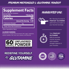 Nutrition facts and serving size on the glutamine bottle