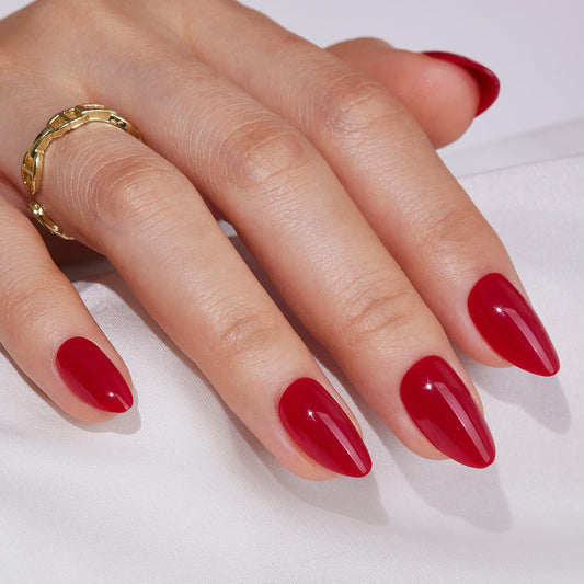 Findigit red press on nails, short almond shape in tomato red for quick home manicure.