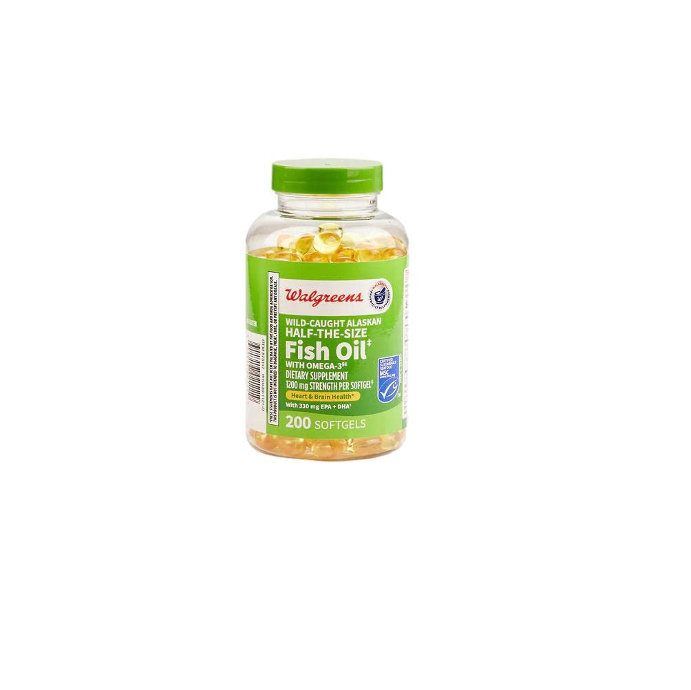 Close-up of half-sized fish oil softgels