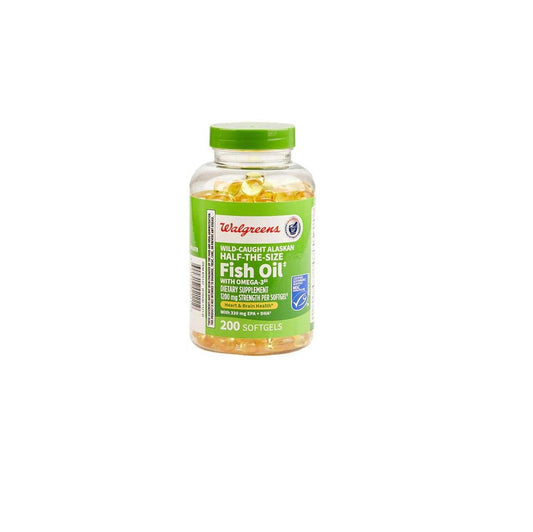 Close-up of half-sized fish oil softgels