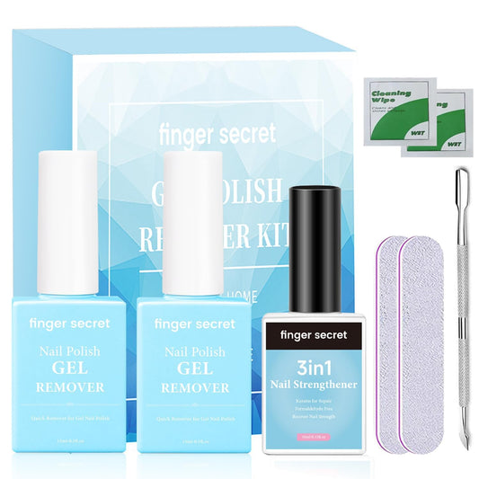 Finger Secret Gel Remover Kit bottle close-up for quick gel removal.