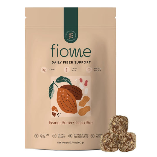 Fiome Fiber supplement bite in peanut butter cacao flavor packaging