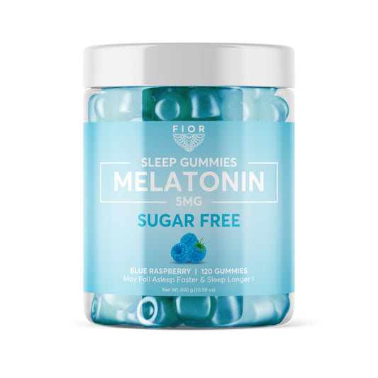 Bottle of FIOR Melatonin Gummies Sugar Free Blue Raspberry - 120 count