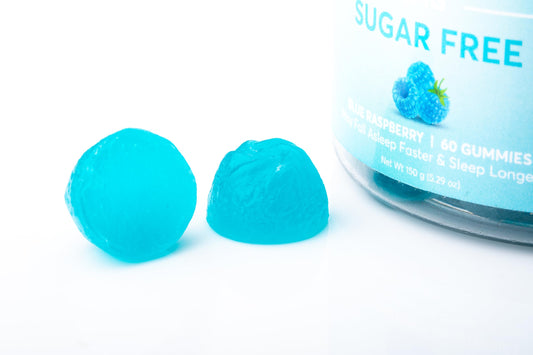 Close-up of blue raspberry melatonin gummies
