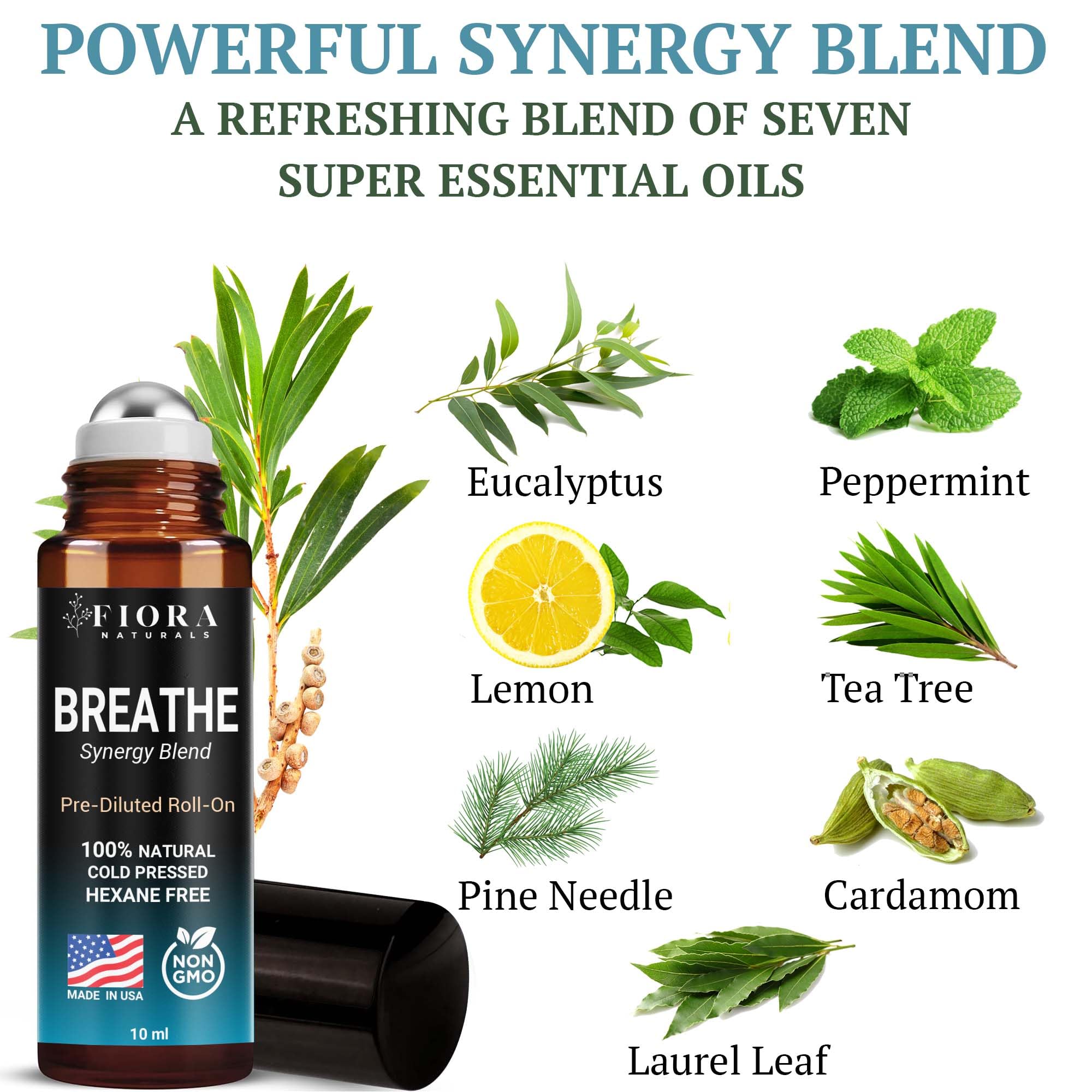 Label listing seven essential oils including eucalyptus, peppermint, tea tree