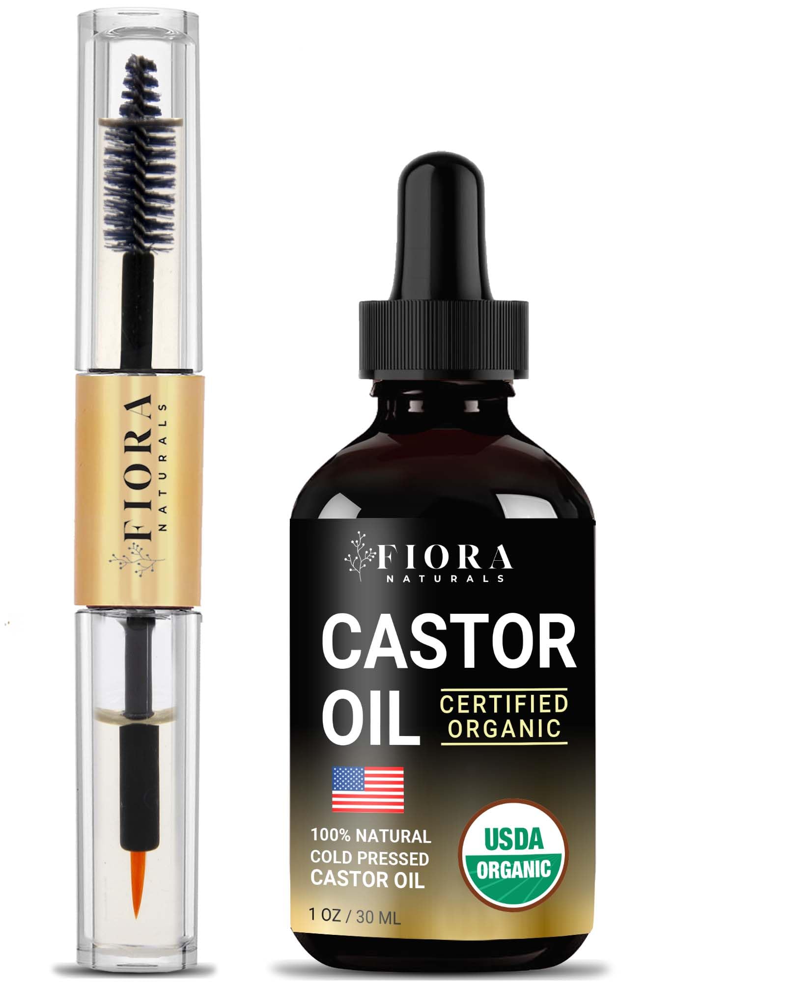 Fiora Naturals organic castor oil for lashes and brows, nourishes fuller-looking lashes.