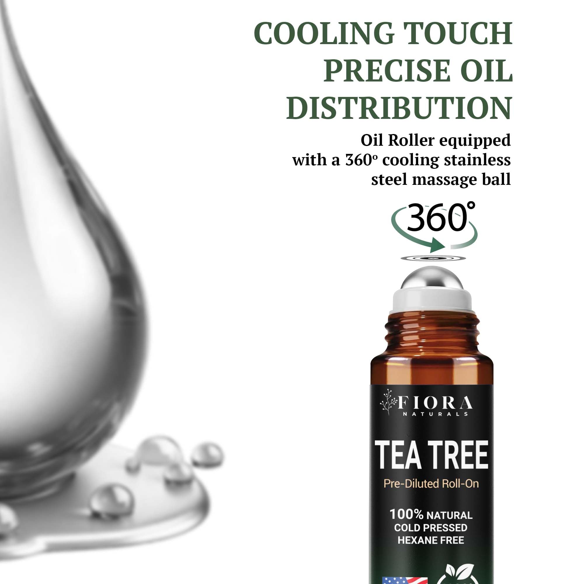 Close-up of tea tree oil roll-on applicator showing soothing blend