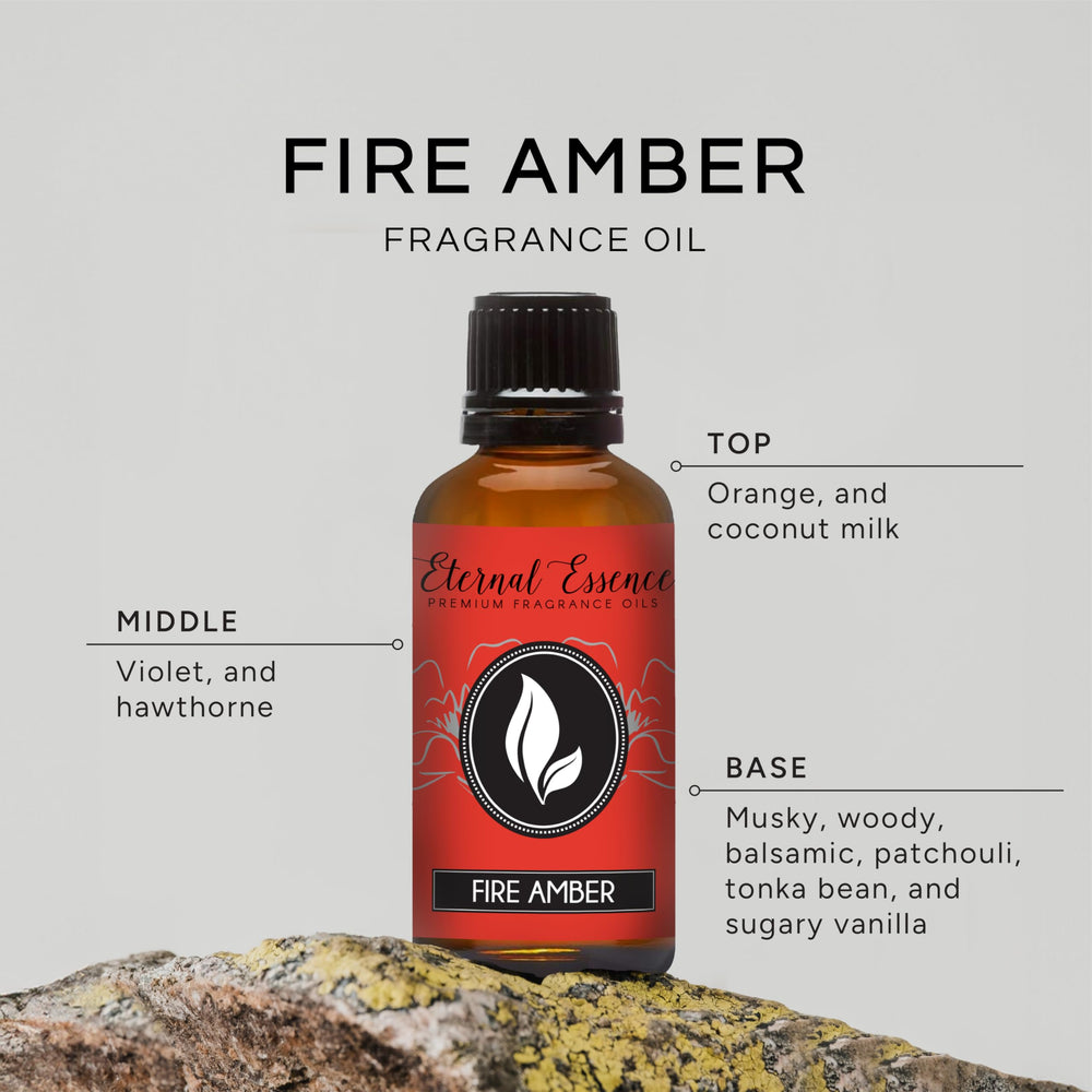 Close-up of Fire Amber fragrance oil label on amber bottle