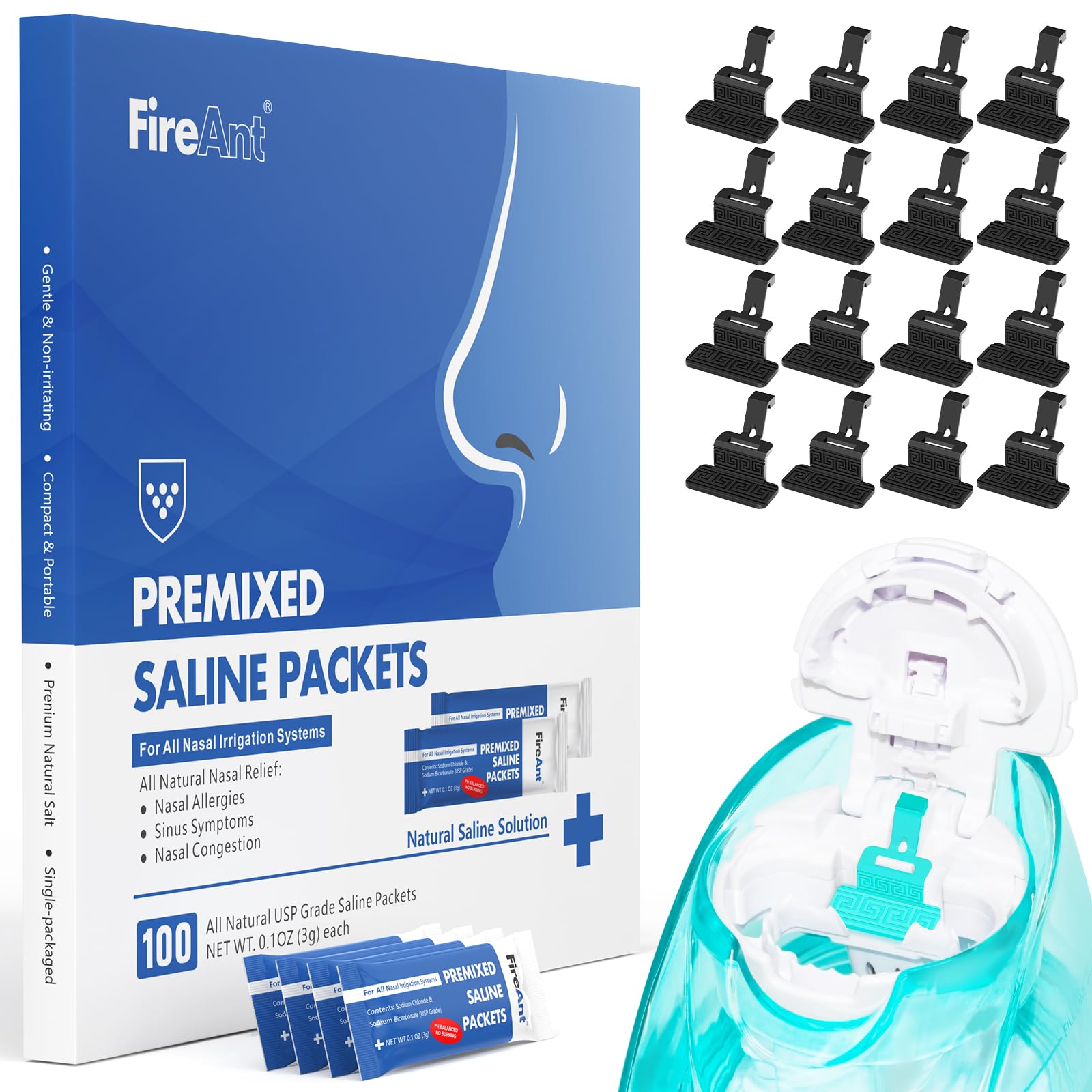 FireAnt saline packets packaging demonstrates convenient, preservative-free nasal rinse supplies.
