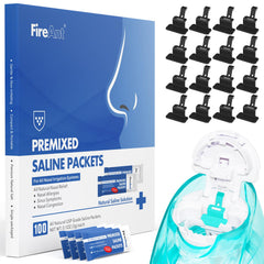 FireAnt saline packets packaging demonstrates convenient, preservative-free nasal rinse supplies.