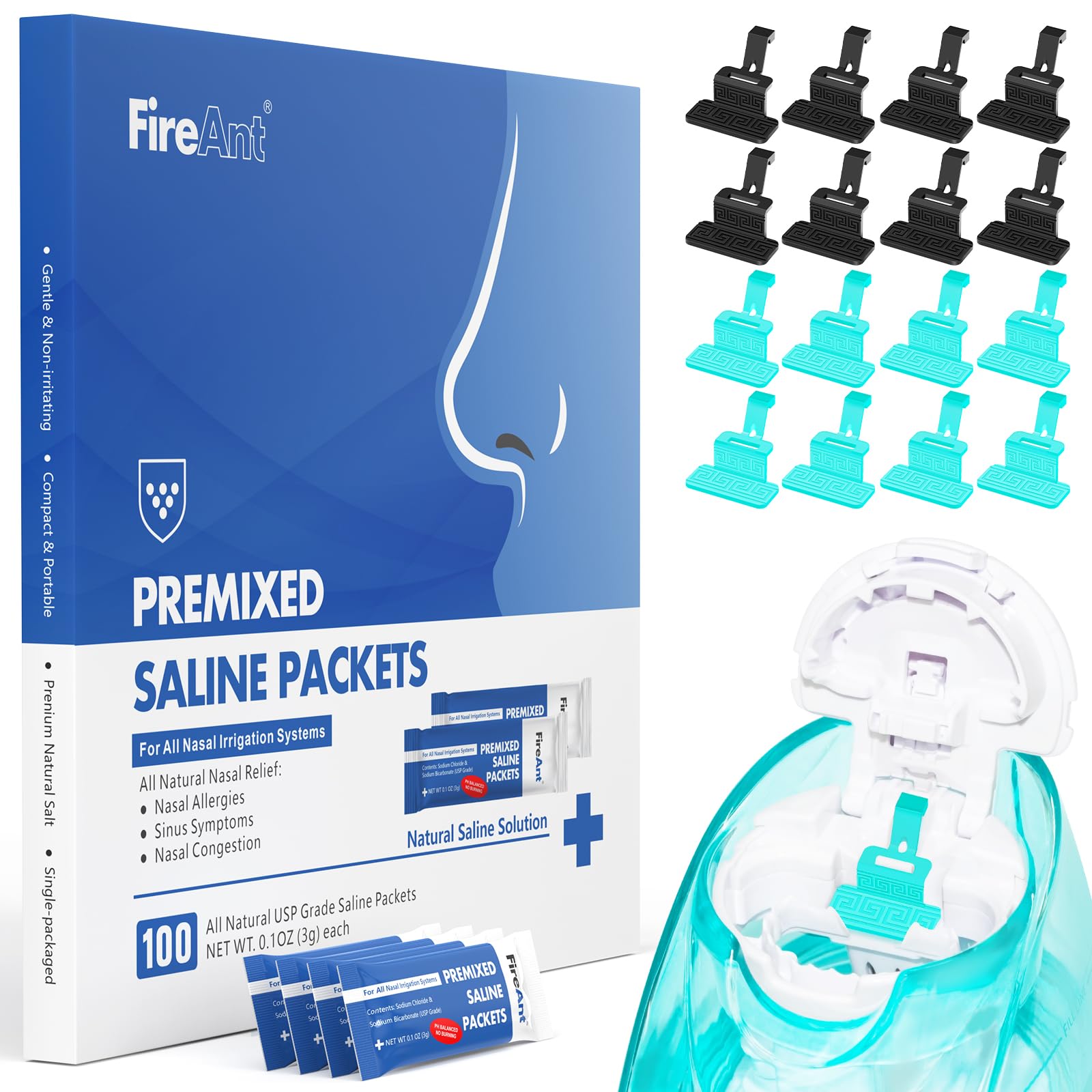 FireAnt 100 saline packets packaging for bulk nasal rinse at home