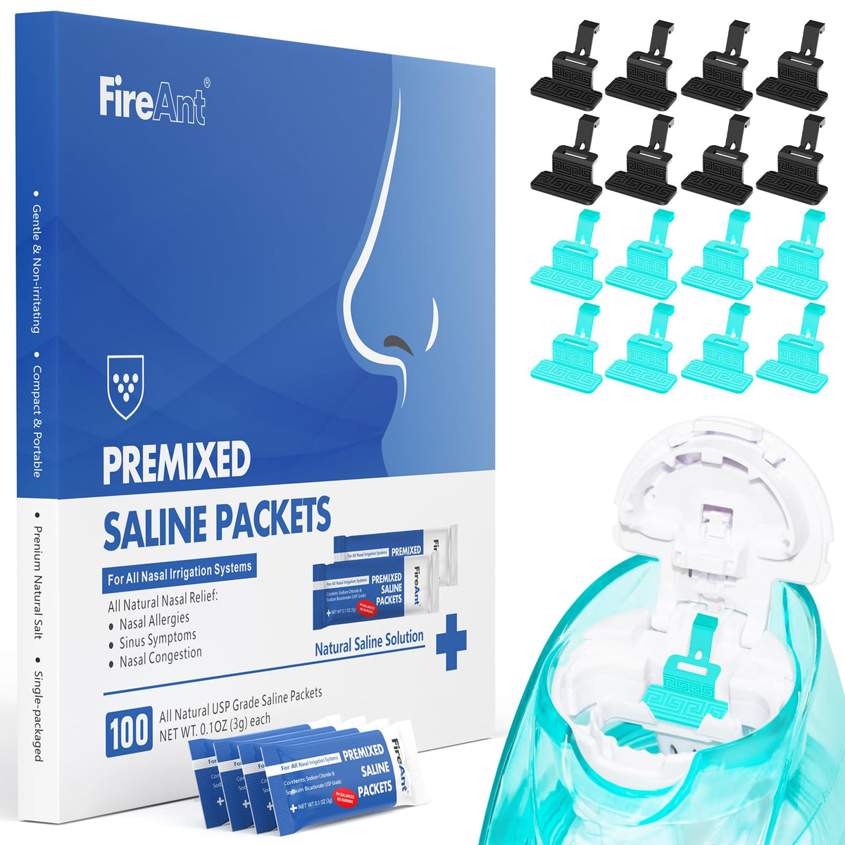 FireAnt 100 saline packets packaging for bulk nasal rinse at home