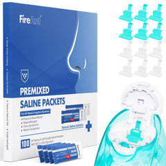 FireAnt 100 saline packets in moisture-resistant foil for reliable nasal rinses.