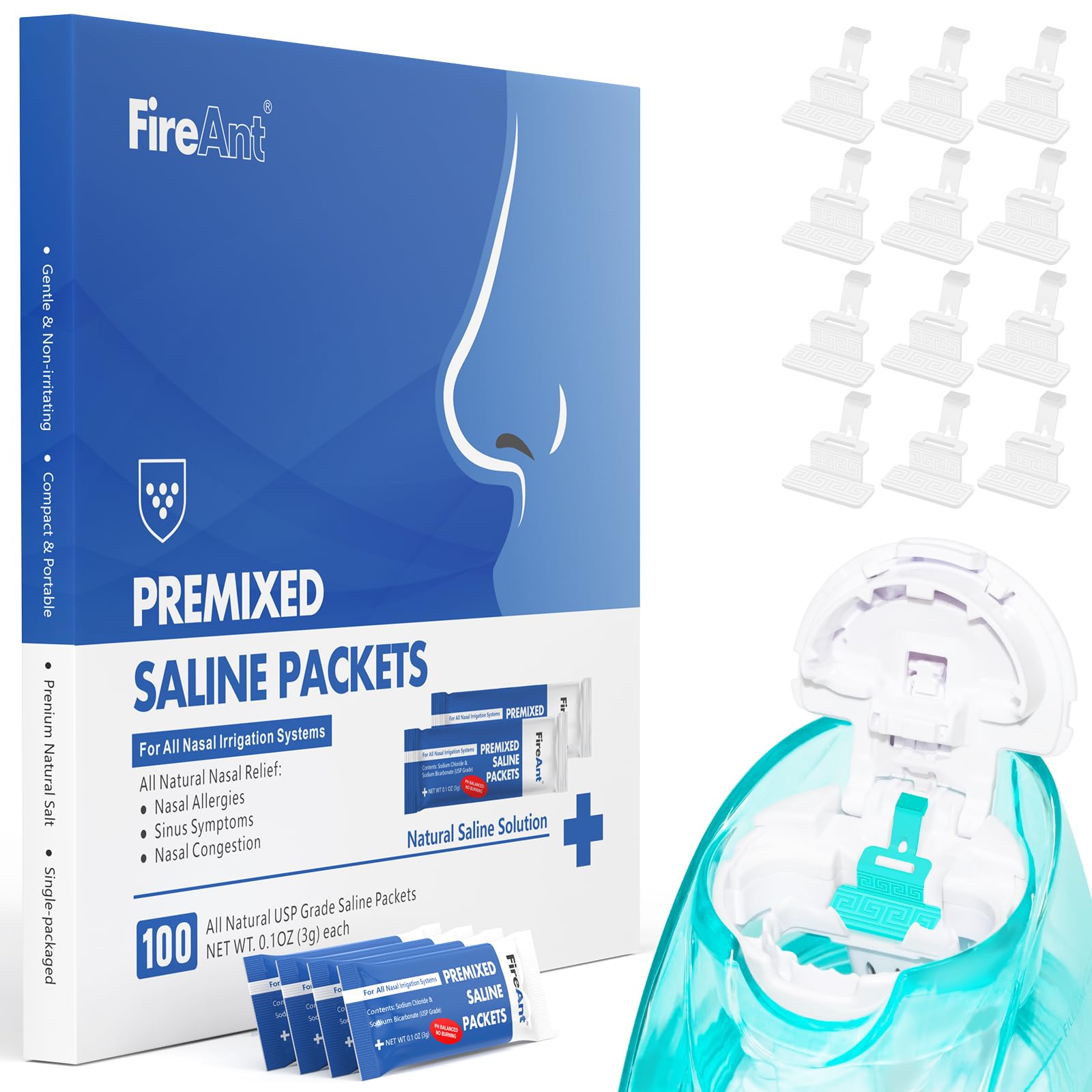FireAnt 100 saline packets for nasal irrigation and travel convenience.