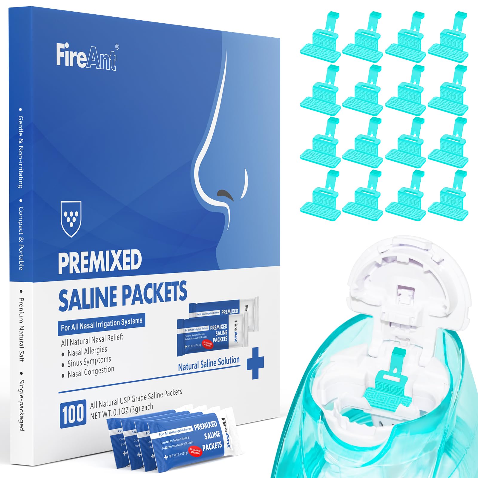 FireAnt 100 saline packets in aluminum foil packaging for freshness and portability.