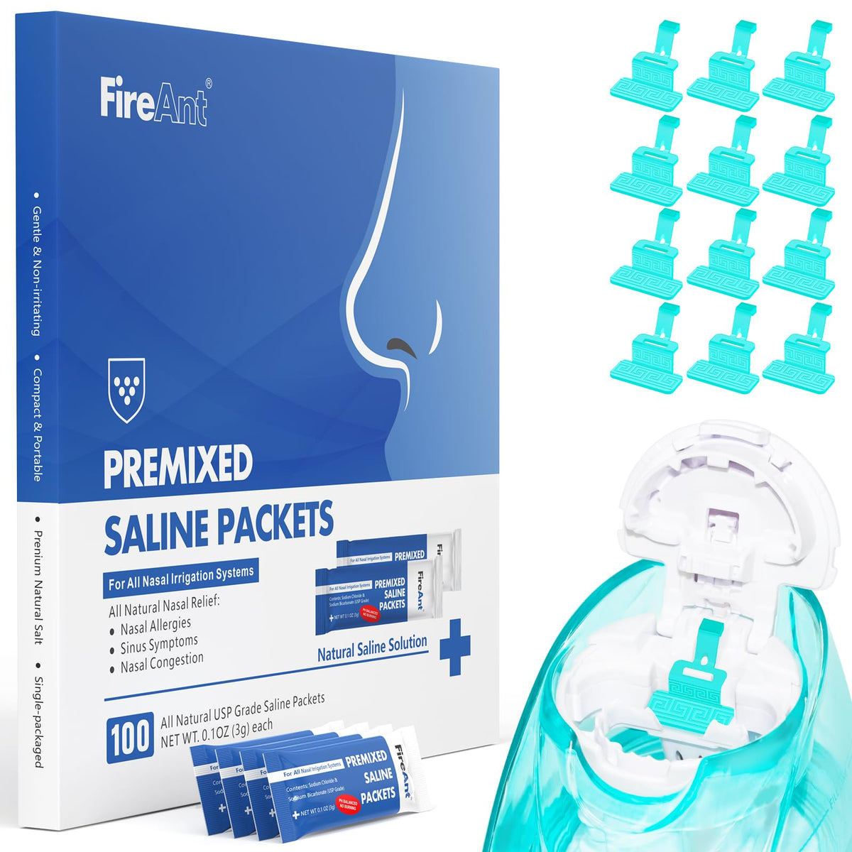 FireAnt 100 saline packets for nasal rinse, ready for daily relief.