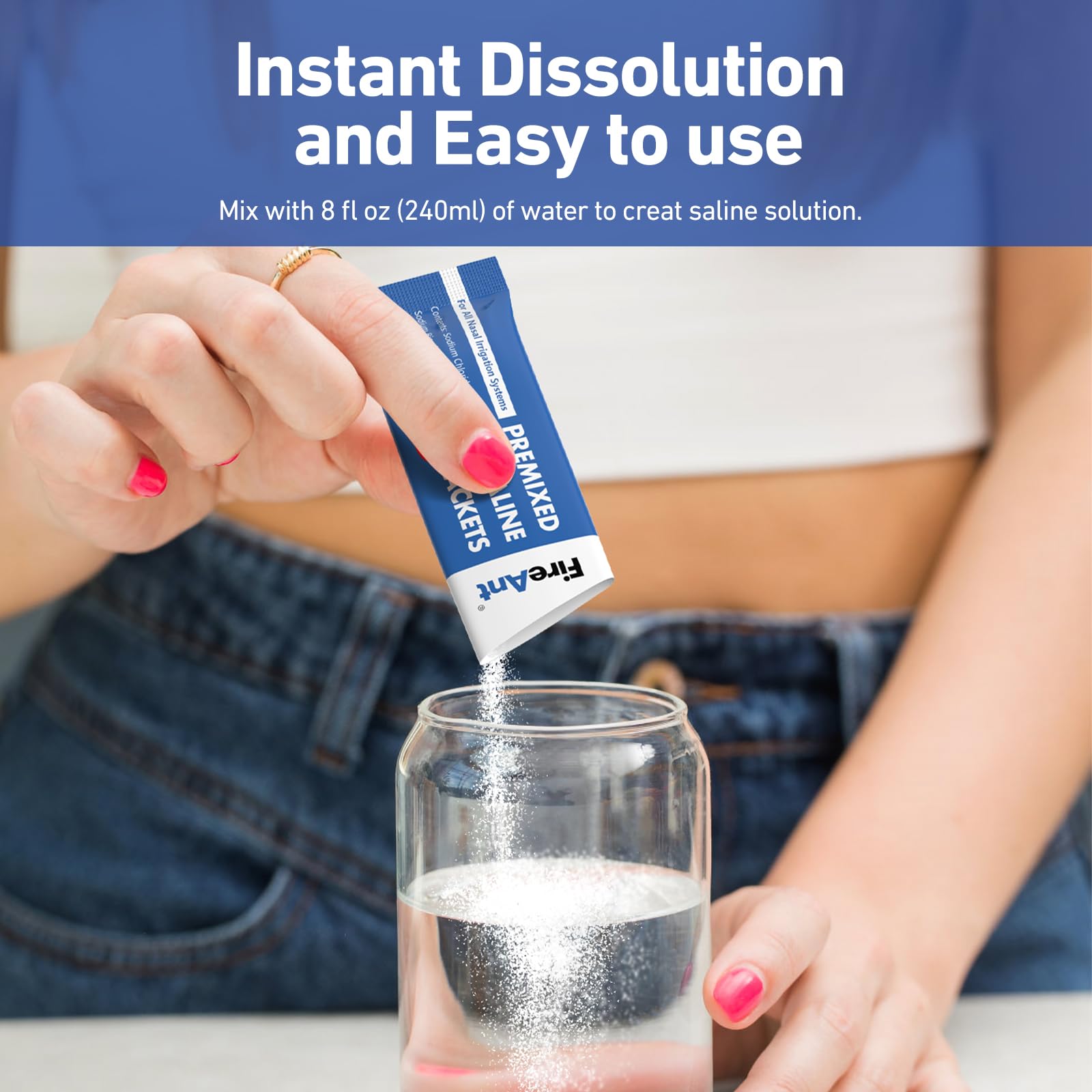 FireAnt nasal rinse setup with a neti pot using premixed packets.