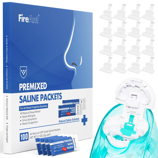 FireAnt saline packets for convenient, preservative-free nasal rinses at home.