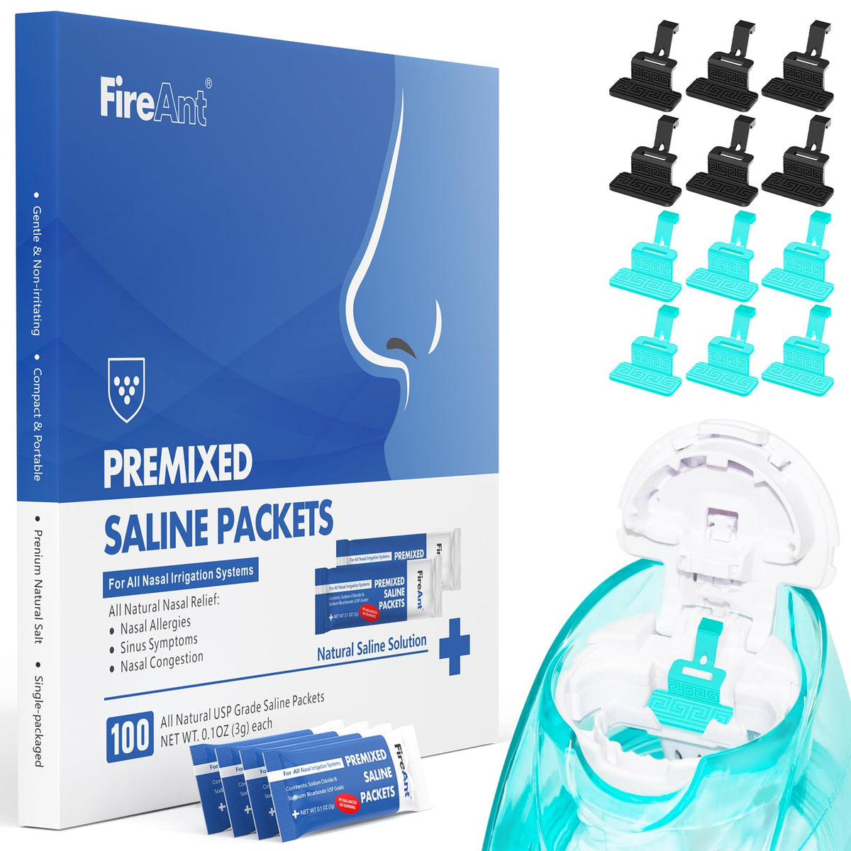 FireAnt saline packets 100 count for convenient nasal rinse.