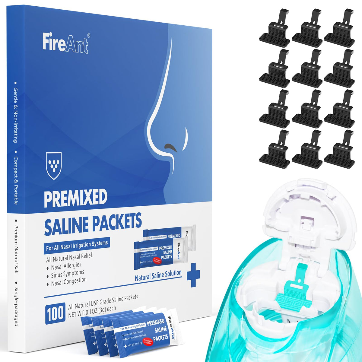 FireAnt saline packets 100-count in foil packaging for portable nasal rinses.