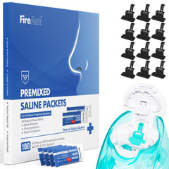FireAnt saline packets 100-count in foil packaging for portable nasal rinses.