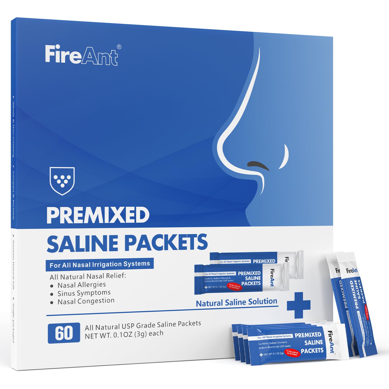 FireAnt saline packets premixed in a foil pack for quick nasal rinses.