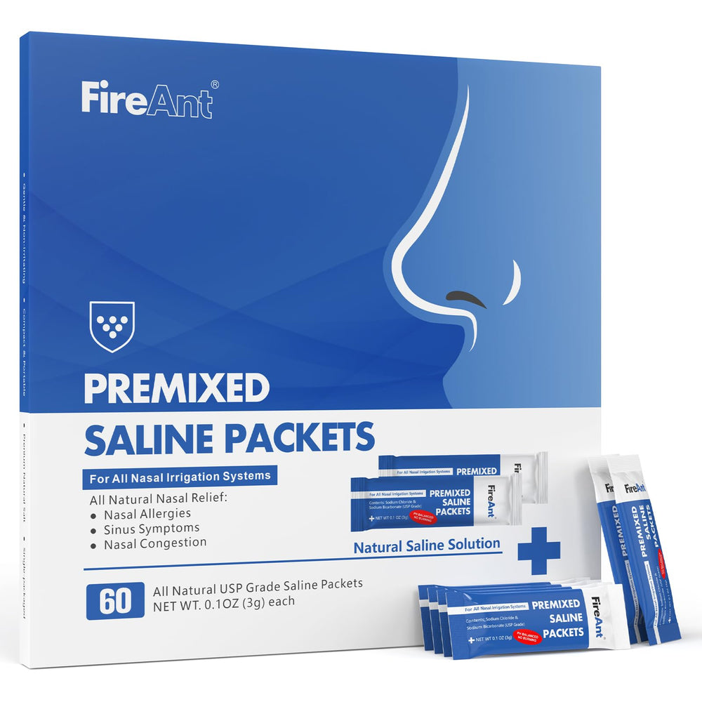 FireAnt saline packets premixed in a foil pack for quick nasal rinses.