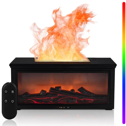Black fireplace flame diffuser on nightstand in a modern bedroom