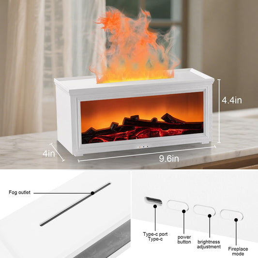 Angled view of the white ultrasonic diffuser emitting mist with flame lights