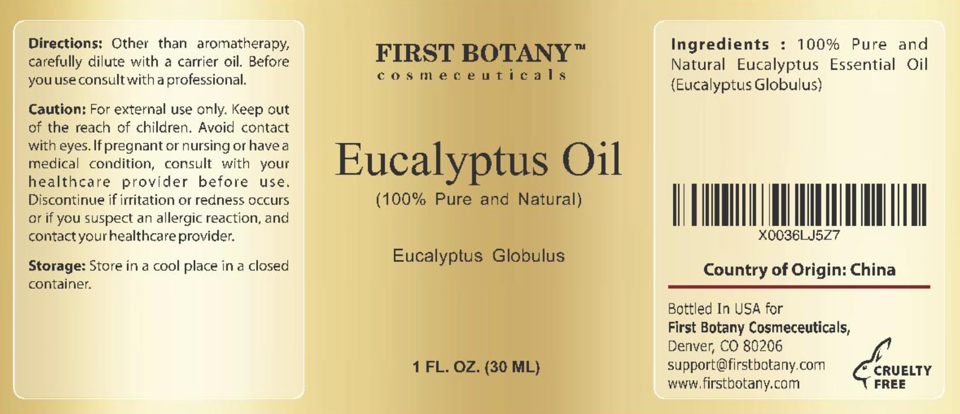 Packaging of First Botany eucalyptus oil in glass bottle