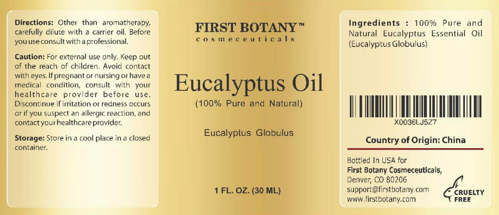 Packaging of First Botany eucalyptus oil in glass bottle