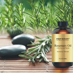 Close-up of Rosemary Essential Oil bottle with glass dropper