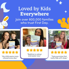 FIRST DAY bedtime scene with kids and gummies on nightstand.
