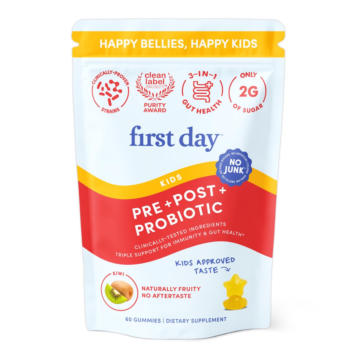 FIRST DAY Belly-Biotic bottle with kiwi gummies for daily gut balance.