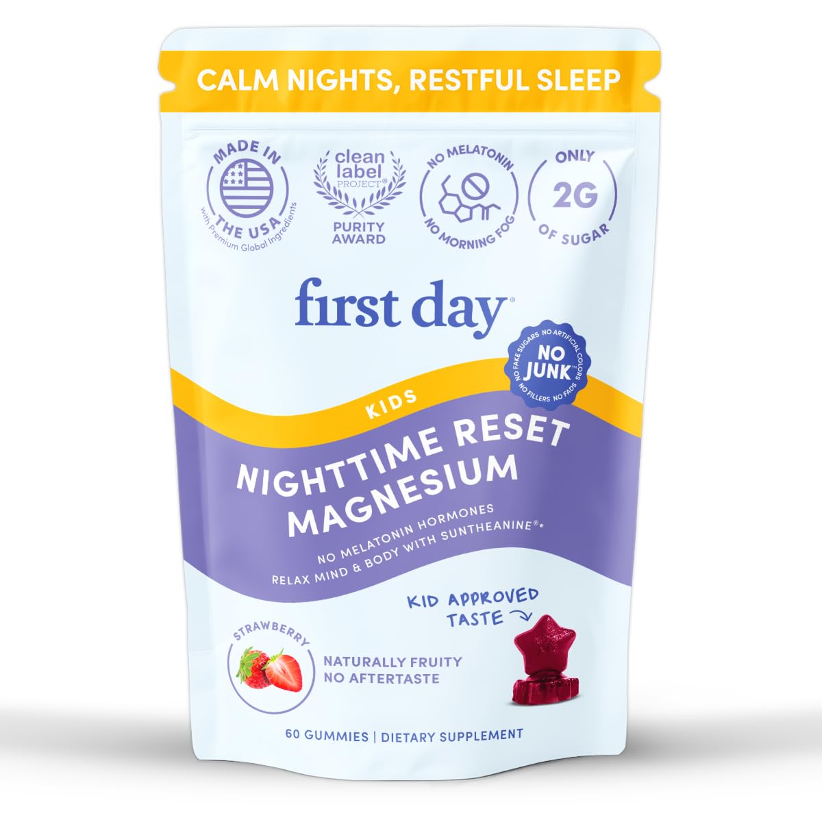 FIRST DAY Kids Magnesium Citrate Gummies bottle on nightstand for a calm bedtime routine.