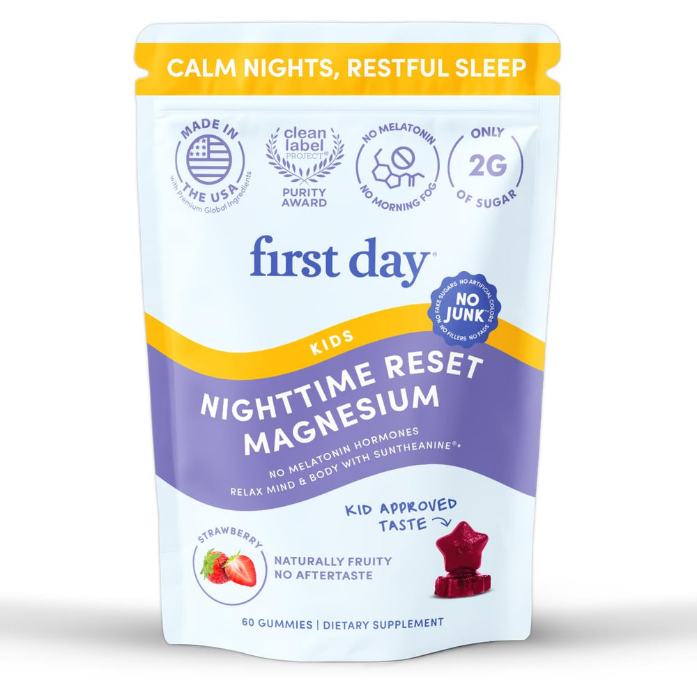 FIRST DAY Kids Magnesium Citrate Gummies bottle on nightstand for a calm bedtime routine.